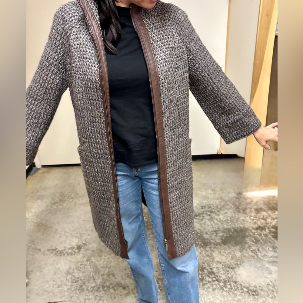 Tory Burch mid-length coat with brown leather trim and a tweed weave.